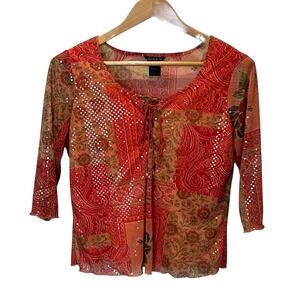 Vtg Laura G Patchwork‎ Paisley Top M Red Sheer Sequins Y2K Boho Indie Festival